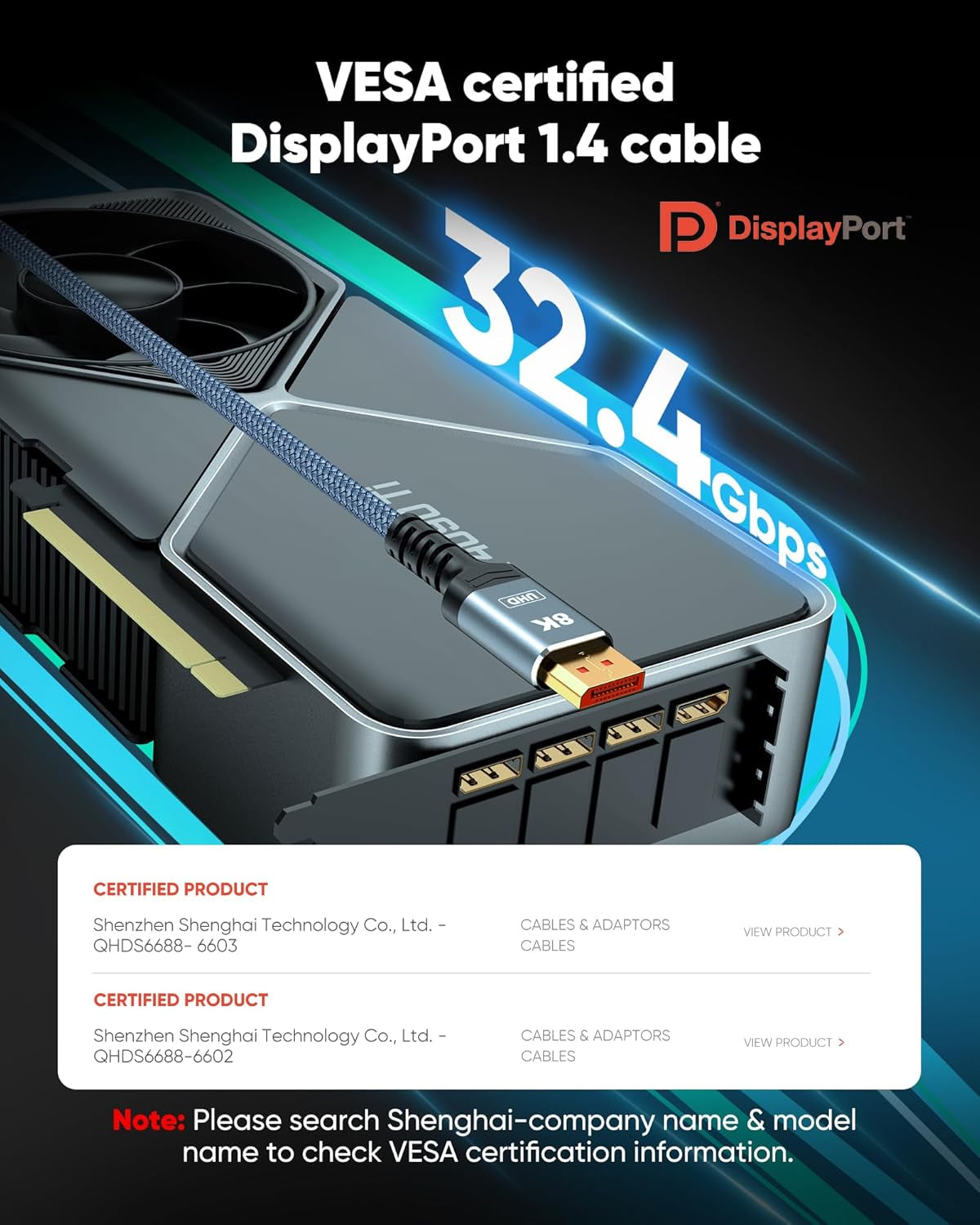 Displayport Cable 8K 1.4, VESA Certified 8K 4K DP Cable 6.6Ft, Display Port Cable [8K@60Hz, 4K@144Hz, 2K@240Hz, 32.4Gbps], High Refresh Rate for Gaming Monitor, HBR3, HDR, Graphics Card, PC